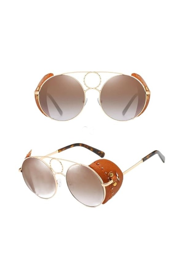 MUTYNE Lunettes de soleil rondes en cuir de luxe pour femmes, lunettes de soleil à rivets en alliage Steampunk, nuances miroi
