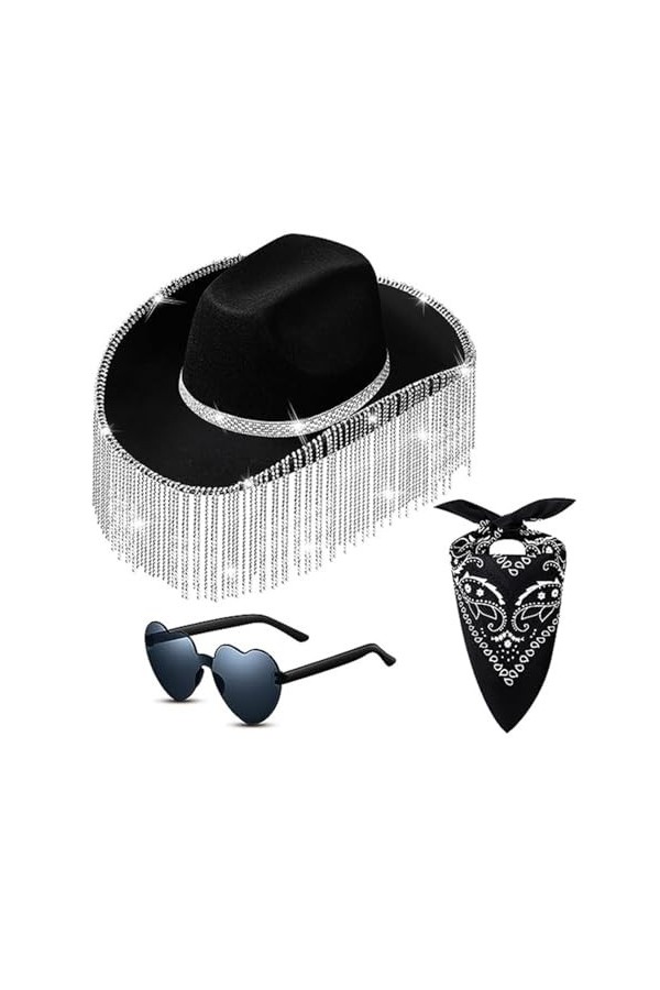 Lunettes de soleil en forme de cœur pour femme + foulard + chapeau de cowboy ensemble carnaval extérieur large bord mariée fe