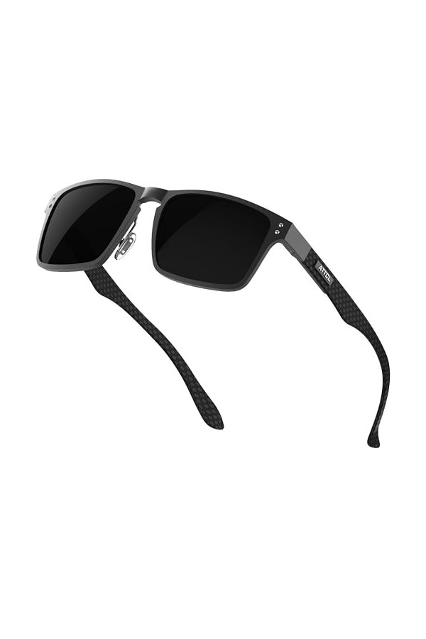 ATTCL Lunettes de soleil polarisées classiques pour homme avec cadre rectangulaire en métal et branches en fibre de carbone, 