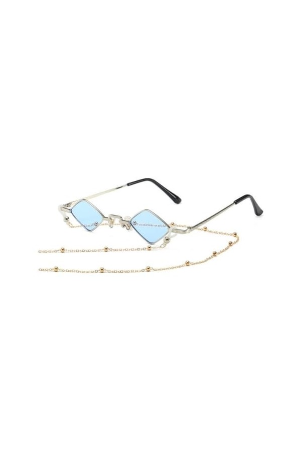 HCHES Femmes Hommes Lunettes de Soleil Monture en Métal en Forme de Diamant avec Chaîne Lunettes de Soleil UV400, C7 ARGENT B