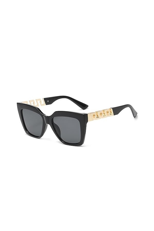 HCHES Cat Eye femmes lunettes de soleil chaîne Vintage carré lunettes de soleil femme rétro lunettes, C1 noir brillant, taill