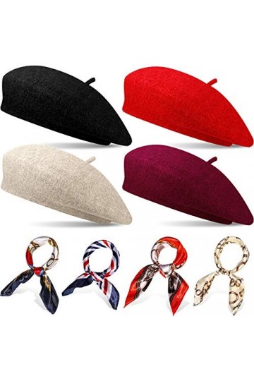 Ensembles de 4 Bonnet Béret Français pour Femme Bonnet Béret en Laine avec Écharpe de Cou en Satin Carré 19,7 x 19,7 Pouces É