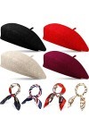 Ensembles de 4 Bonnet Béret Français pour Femme Bonnet Béret en Laine avec Écharpe de Cou en Satin Carré 19,7 x 19,7 Pouces É