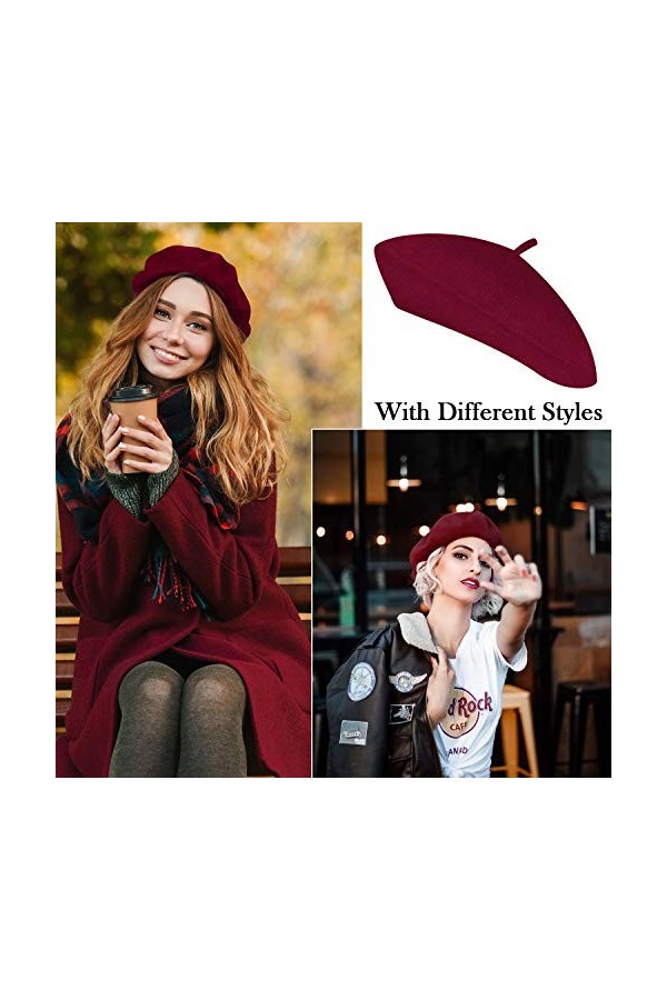 Ensembles de 4 Bonnet Béret Français pour Femme Bonnet Béret en Laine avec Écharpe de Cou en Satin Carré 19,7 x 19,7 Pouces É
