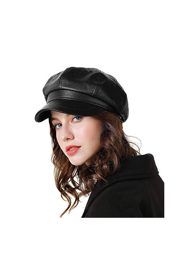 Genfien Béret Classique de Couleur Unie pour Femme - Casquette Gavroche en Cuir synthétique, Noir, Taille Unique