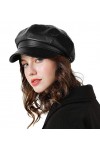 Genfien Béret Classique de Couleur Unie pour Femme - Casquette Gavroche en Cuir synthétique, Noir, Taille Unique