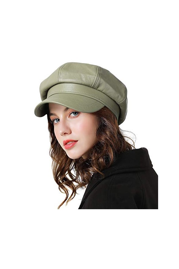 Genfien Béret Classique de Couleur Unie pour Femme - Casquette Gavroche en Cuir synthétique, Noir, Taille Unique