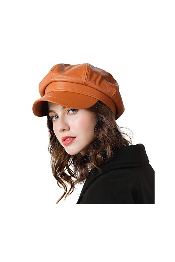 Genfien Béret Classique de Couleur Unie pour Femme - Casquette Gavroche en Cuir synthétique, Noir, Taille Unique