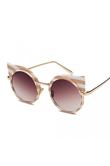 NIUASH Lunettes de Soleil polarisées Rayures Cat Eye Lunettes de Soleil Rondes Lunettes de Soleil Femmes Cadre en métal Vinta