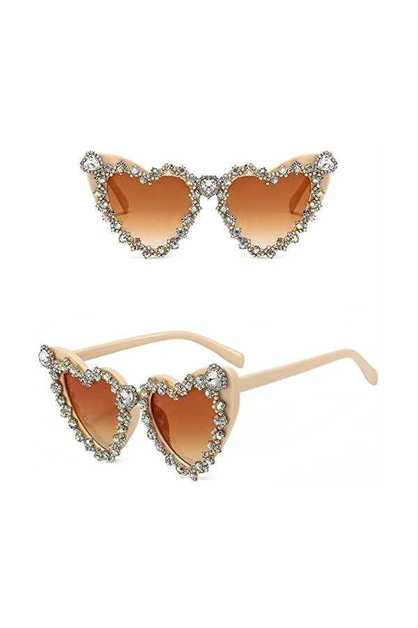 FOOOZ Vintage Sexy Heart Lunettes de soleil pour femmes Luxe Diamant Lunettes de soleil Dames Rétro Hip Hop Cool Lunettes, C3