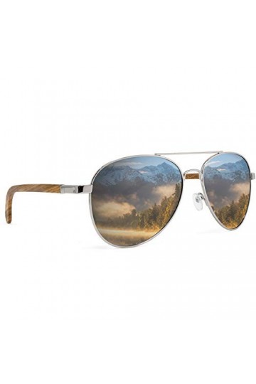 glozzi Lunettes de Soleil en bois Aviateur avec Épingles en bois pour Homme et Femme - Lunettes miroir polarisées UV 400 caté