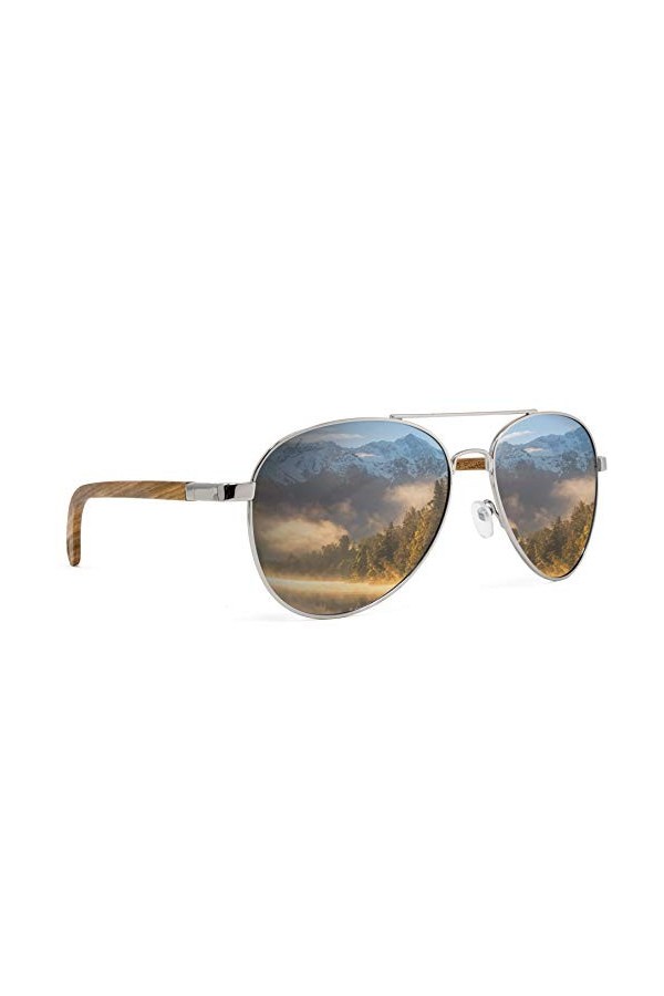 glozzi Lunettes de Soleil en bois Aviateur avec Épingles en bois pour Homme et Femme - Lunettes miroir polarisées UV 400 caté