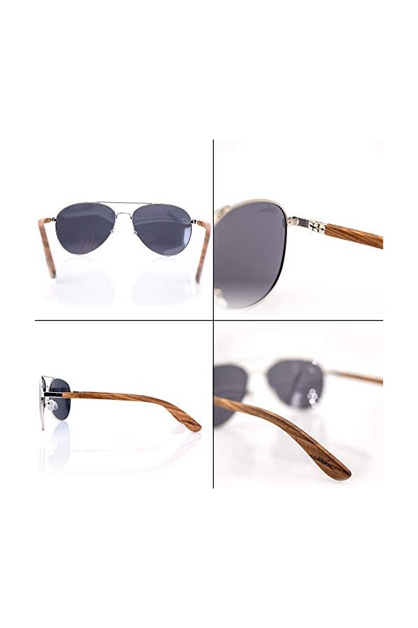 glozzi Lunettes de Soleil en bois Aviateur avec Épingles en bois pour Homme et Femme - Lunettes miroir polarisées UV 400 caté
