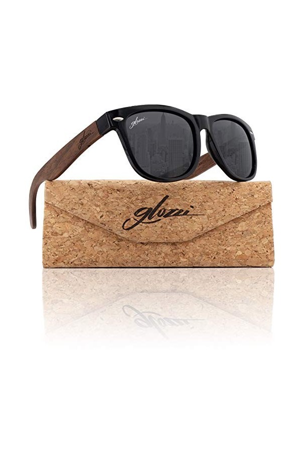 glozzi Lunettes de Soleil Homme et Femme en Bois de Noyer Polarisées UV 400 avec Charnières en Bois et Étui en Liège