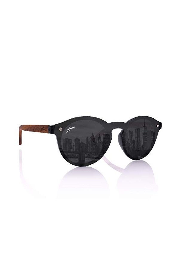 glozzi Lunettes de Soleil Rondes en Bois Polarisées UV 400 pour Femme avec Charnières en Bois et Étui en Liège - Noir - M