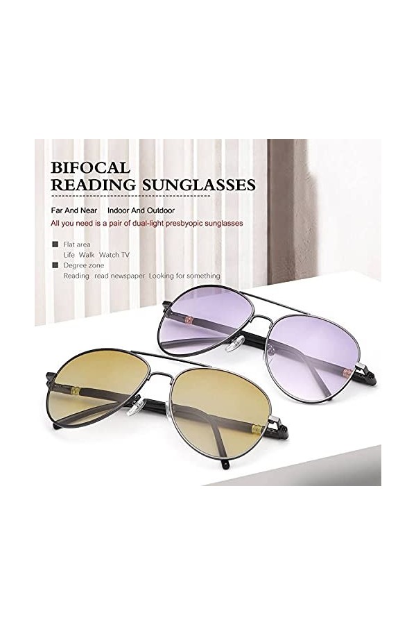 Lot de 2 paires de lunettes de lecture invisibles bifocales aviateur à charnière à ressort Protection UV Lunettes anti-lumièr