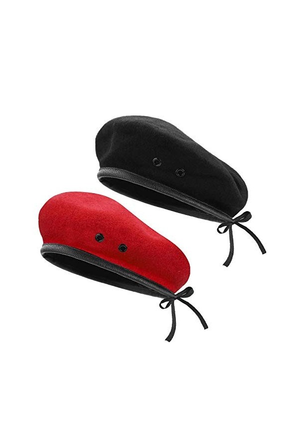 AYPOW Bérets de Laine, bérets de Style Militaire pour Femmes, avec Garniture en Cuir, Ajustables, Taille Unique Noir et Rouge