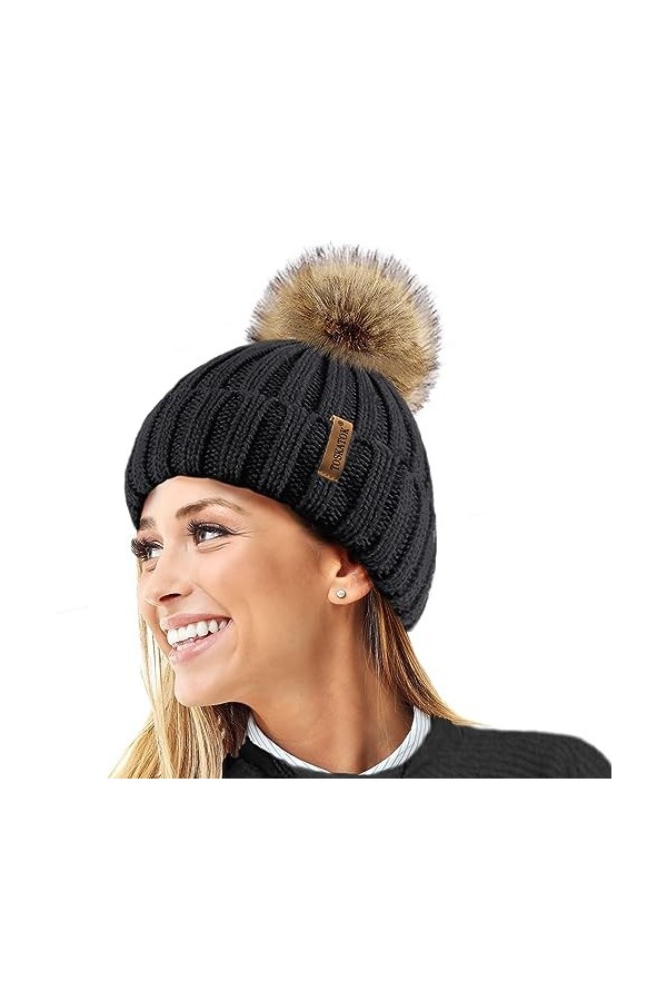 TOSKATOK® Femmes Hiver Rib Bonnet/Beanie avec Chunky détachable en Fausse Fourrure Bobble Pom Pom-Taille Unique-Black