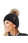 TOSKATOK® Femmes Hiver Rib Bonnet/Beanie avec Chunky détachable en Fausse Fourrure Bobble Pom Pom-Taille Unique-Black