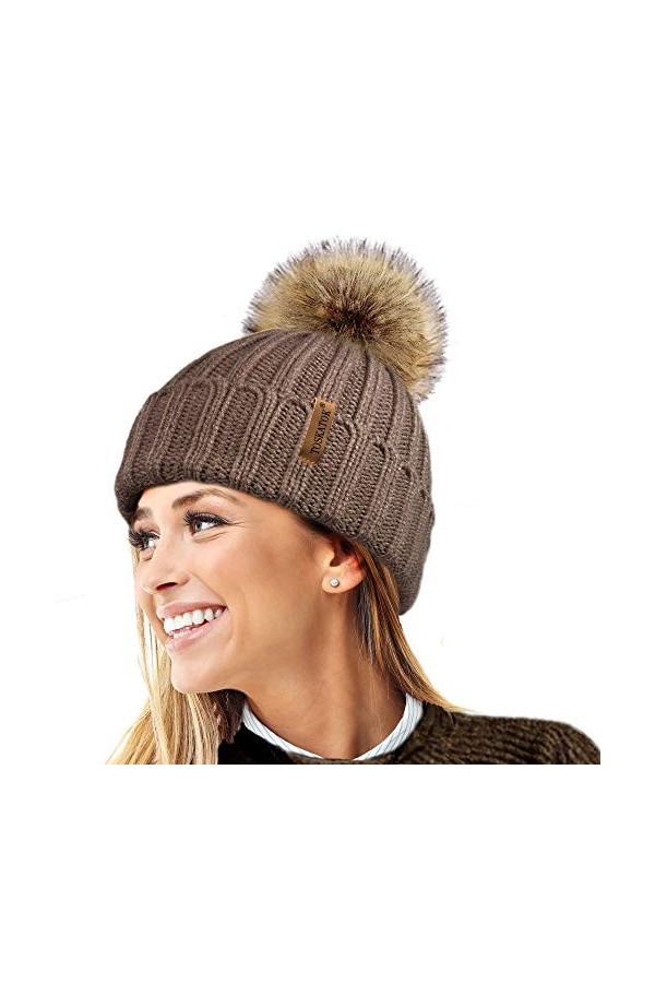 TOSKATOK® Femmes Hiver Rib Bonnet/Beanie avec Chunky détachable en Fausse Fourrure Bobble Pom Pom-Taille Unique-Black