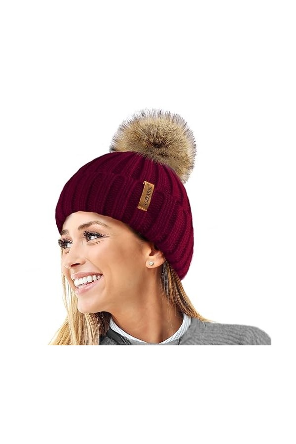 TOSKATOK® Femmes Hiver Rib Bonnet/Beanie avec Chunky détachable en Fausse Fourrure Bobble Pom Pom-Taille Unique-Black