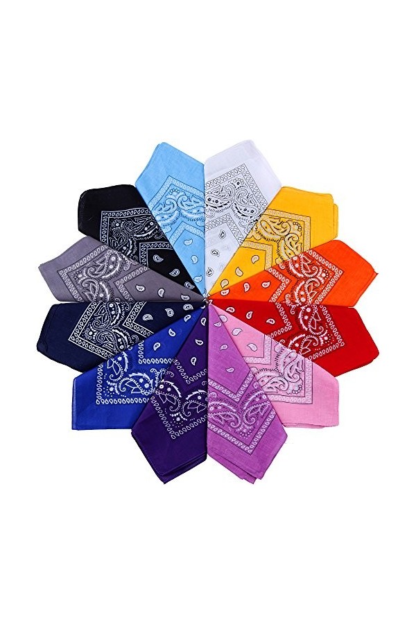 Anpro 12PCS Bandanas Foulard Coton - Bandanas Multicolores Pour les Cheveux, le Cou, la tête, Paisley Foulard Bandana Pour Ho