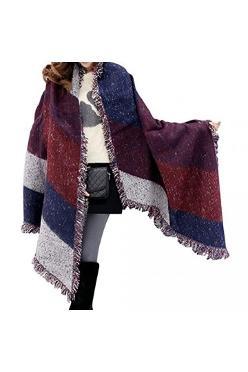 MeOkey Echarpe Carreaux Femme XXL 250x70cm Foulard Châle Cape Frange Vintage Automne Hiver Chaud Rouge et Bleu