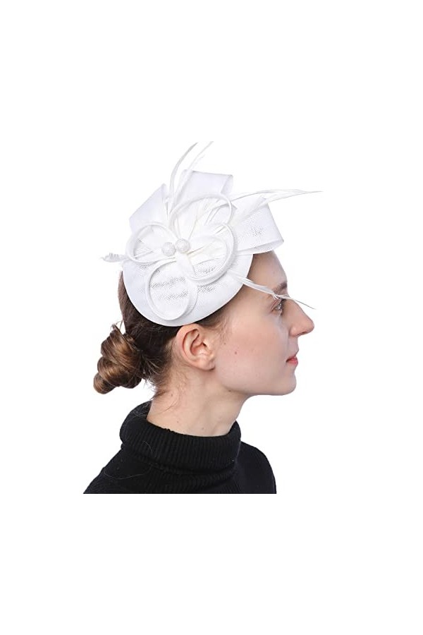 Coolwife Fascinators Sinamay Chapeau Womens Feather Pillbox Derby Tea Party Hat Blanc 