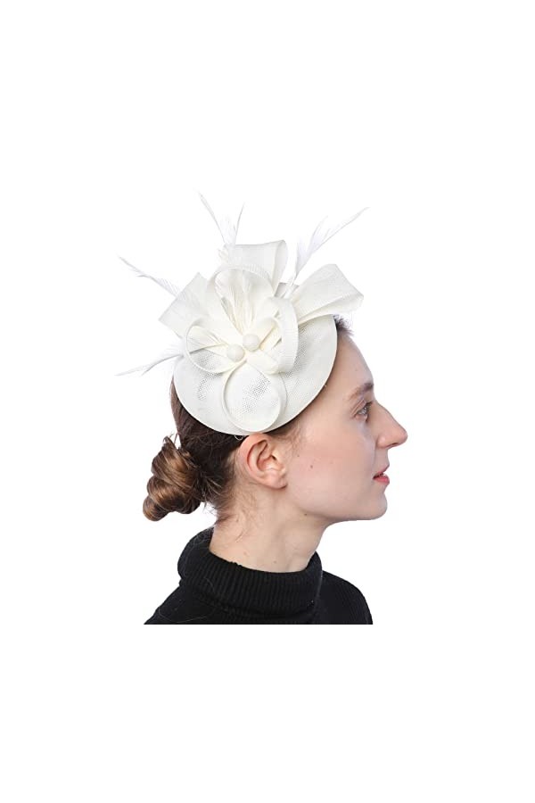 Coolwife Fascinators Sinamay Chapeau Womens Feather Pillbox Derby Tea Party Hat Blanc 