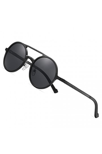 Barcur Lunettes de soleil rétro pour homme, rondes, vintage, design polarisant, Double pont noir