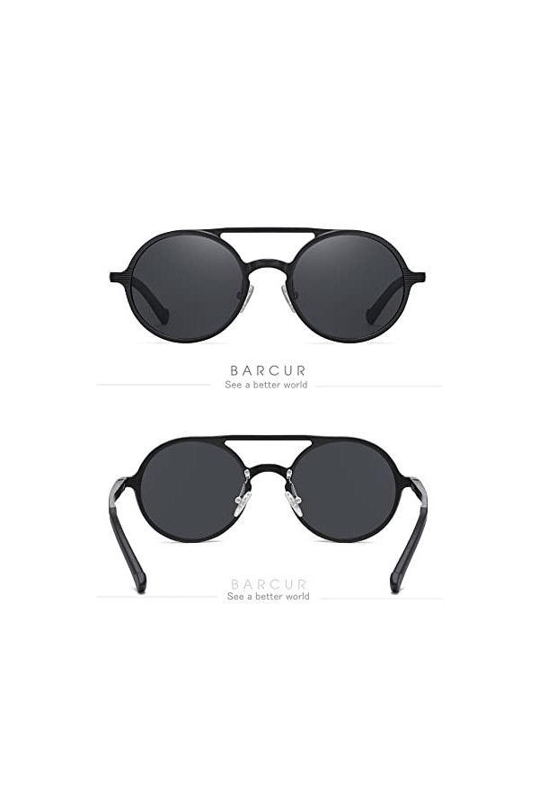 Barcur Lunettes de soleil rétro pour homme, rondes, vintage, design polarisant, Double pont noir