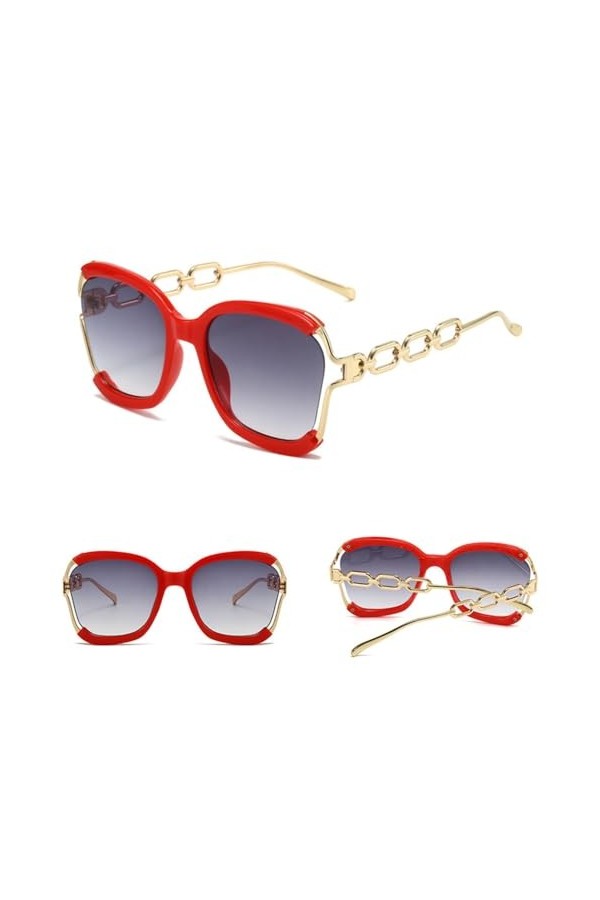 HPIRME Lunettes de soleil à chaîne en métal à grande monture pour femmes, lunettes de soleil carrées noires, lunettes évidées