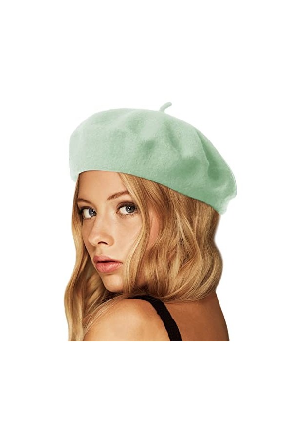 Wheebo Béret en laine, couleur unie, style français, pour femmes, filles, dames, vert menthe, Taille unique