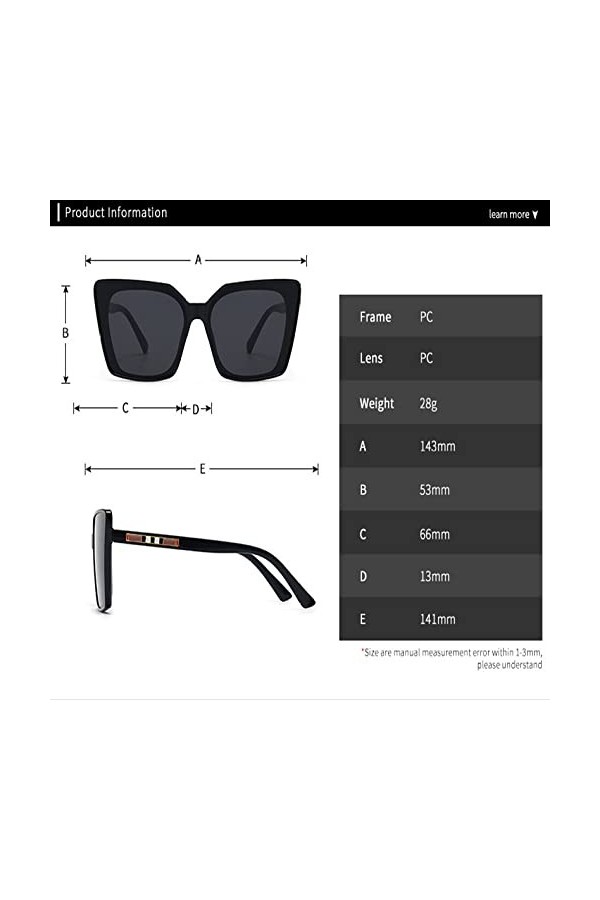 HCHES Grandes lunettes de soleil carrées pour femme Cat Eye Lunettes de soleil Vintage UV400 Outdoor, C3, taille unique