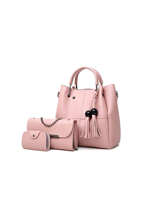 FANDARE Mode Sac Bucket 3pcs Set Sac à Main Femme étanche Sac portés épaule Sacs à Bandoulière avec Pompon PU Cuir Sac Messag