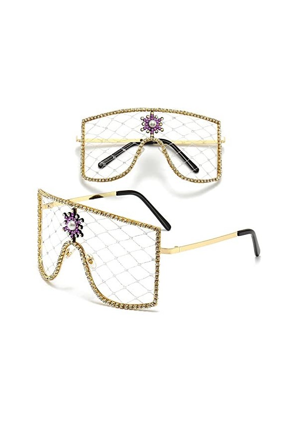 HCHES Lunettes de soleil surdimensionnées en dentelle pour femmes et hommes Lunettes de soleil Punk en diamant sans monture, 