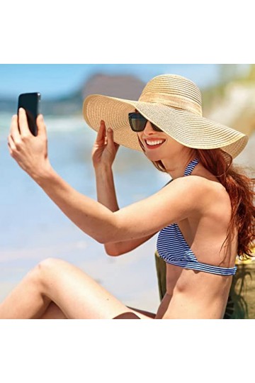 Kmbcove Chapeau de Paille Femme Large Bord Casquettes dété de Plage Pliable UV Protection Capelines de Soleil pour Loisirs V