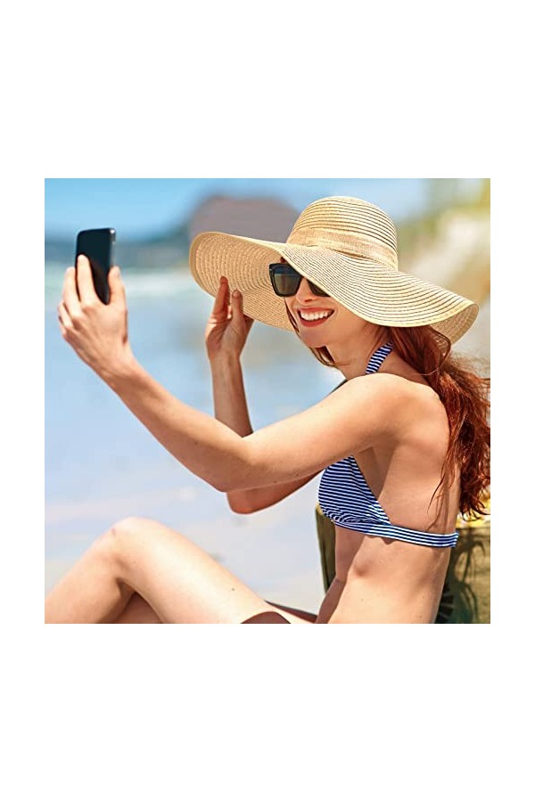 Kmbcove Chapeau de Paille Femme Large Bord Casquettes dété de Plage Pliable UV Protection Capelines de Soleil pour Loisirs V
