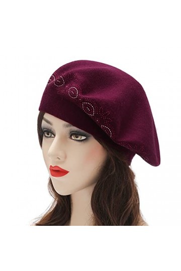 ZLYC Béret français pour femme, réversible, couleur unie, mosaïque, béret chaud pour filles, Strass Bordeaux, taille unique