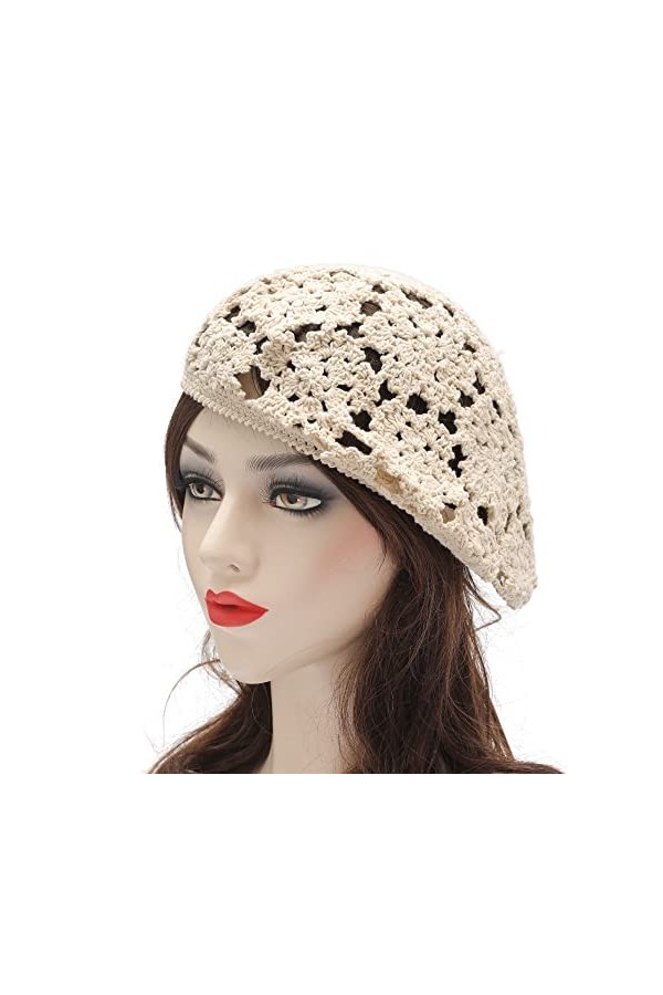 ZLYC Béret en crochet souple en coton pour femme avec découpe faite à la main, Motif floral beige., Taille unique