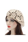 ZLYC Béret en crochet souple en coton pour femme avec découpe faite à la main, Motif floral beige., Taille unique
