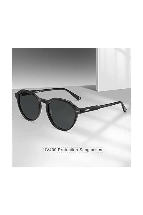 Carfia lunettes de Soleil Sport Polarisées pour Homme avec Monture Ronde Noire, UV Protection et Verres Gris