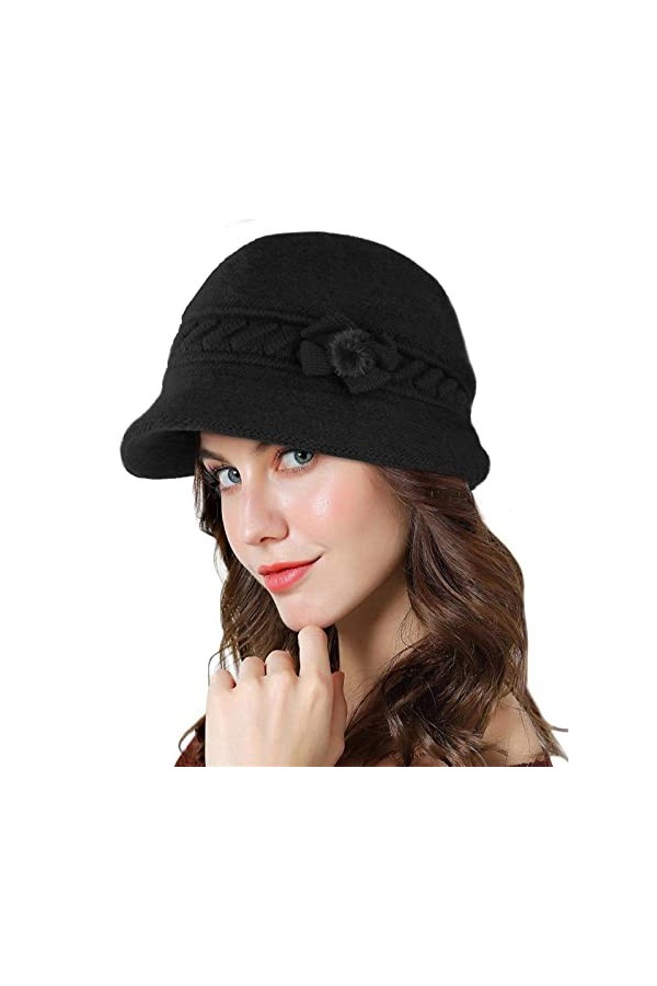 Adigaber Cloche Angola Robe Bonnet en Tricot Chaud Femme Hiver Élégant Chanvre Fleurs Béret Chapeau Casquettes avec Chapeau d