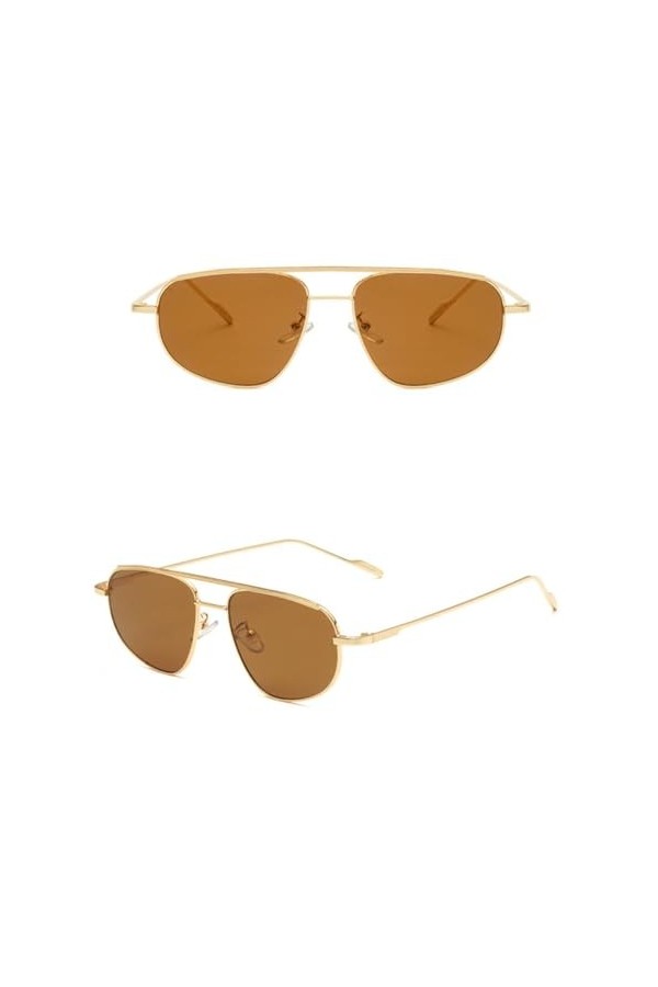 Lunettes de Soleil Femmes Hommes Ovales en métal Double Pont Lunettes de Soleil en Plein air Streetwear Femme Lunettes, thé d