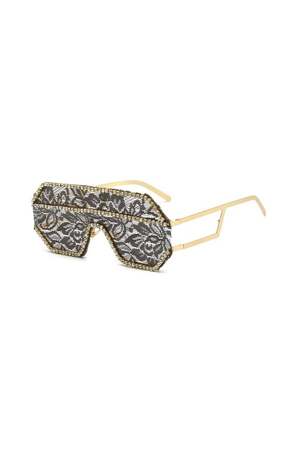 Lunettes de Soleil en Dentelle Florale One Piece Femmes Punk Big Frame Lunettes de Soleil en Diamant Femme Flat Top Strass Lu