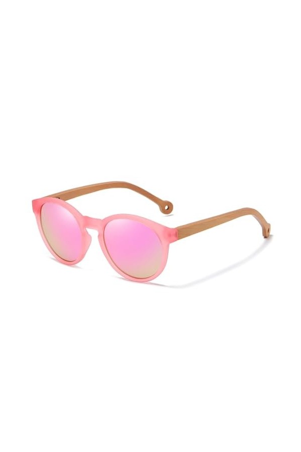 HPIRME Lunettes de soleil polarisées en bambou, lentille miroir grise, lunettes de soleil vintage pour femmes et hommes, rose