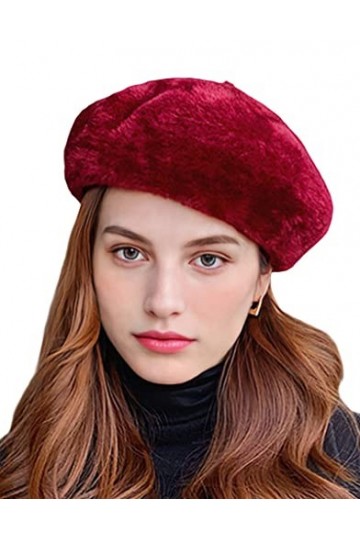 NLAND Béret Femme Vintage Fourrure Bonnets Élégant Souple Classique Chapeau de Peintre Rouge Vin, Taille Unique 