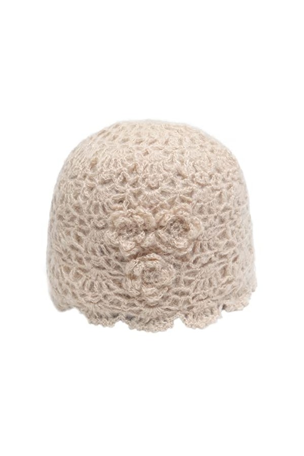 ZLYC Bonnet dhiver en tricot doux pour femme avec motifs de fleurs, Beige uni, Taille unique