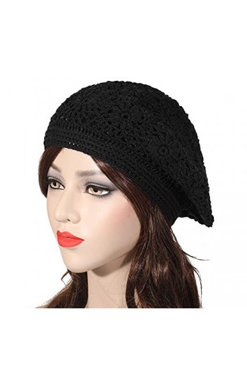 ZLYC Béret souple en coton pour femme - Fait à la main - Motif floral, noir uni, Taille unique
