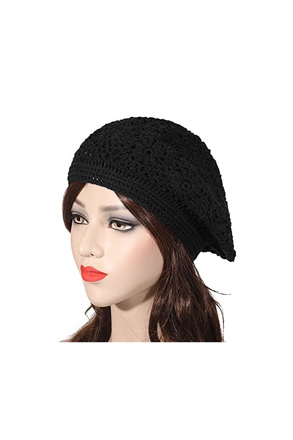 ZLYC Béret souple en coton pour femme - Fait à la main - Motif floral, noir uni, Taille unique
